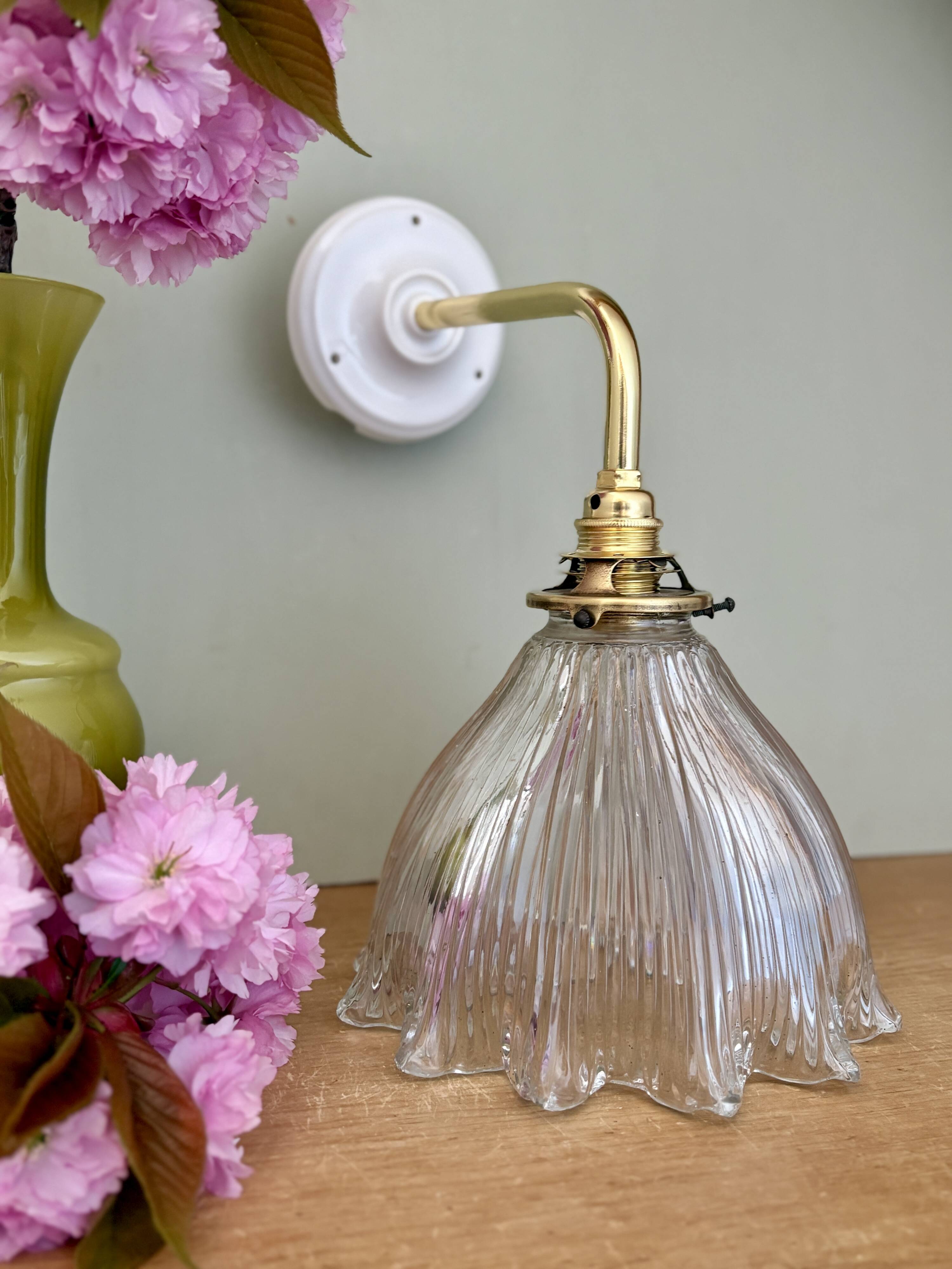 Elbow wall lamp with vintage holophane glass shade