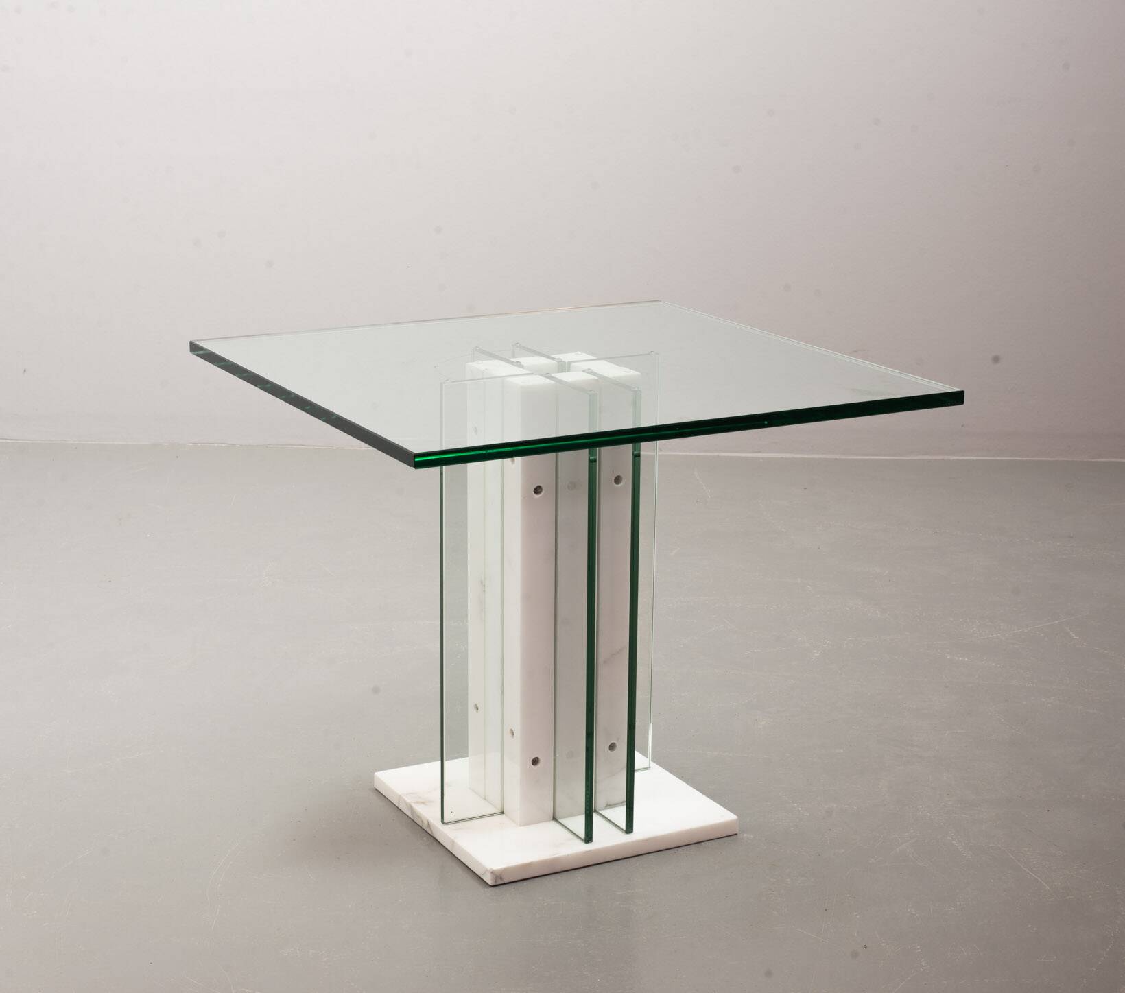 White Marble Italian Square Side Table with Glass Top and Lighting Option