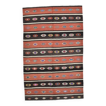 Light Red & Dark Brown Striped Kilim Rug, 168x264Cm