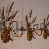 Set of 3 gilded wrought iron wall lights with wheat ears, 1960s