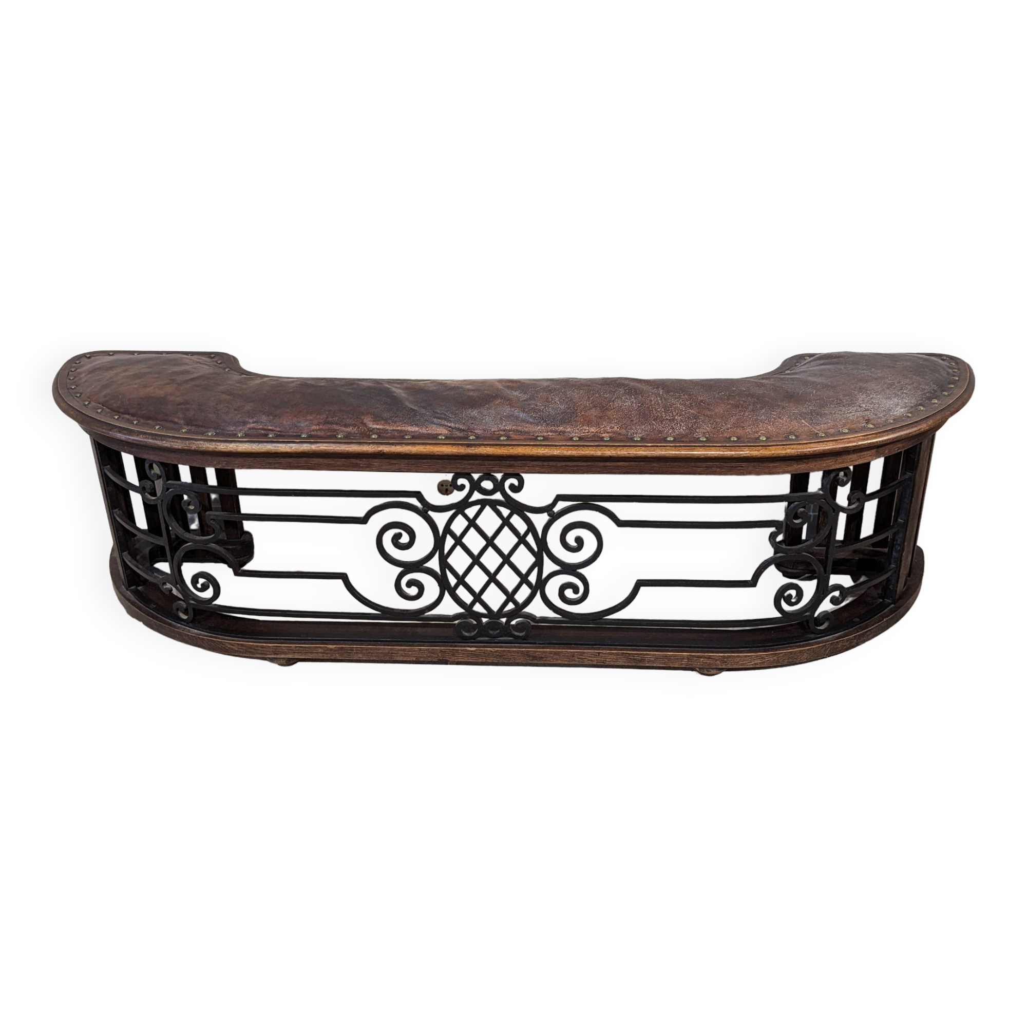 Old fireplace bench, wrought iron leather and oak