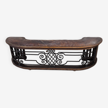 Banc de cheminée ancien cuir fer forgé et chêne