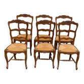 6 chaises Louis XV en bois massif chêne moyen et paille sculptures coquille