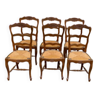 6 chaises Louis XV en bois massif chêne moyen et paille sculptures coquille