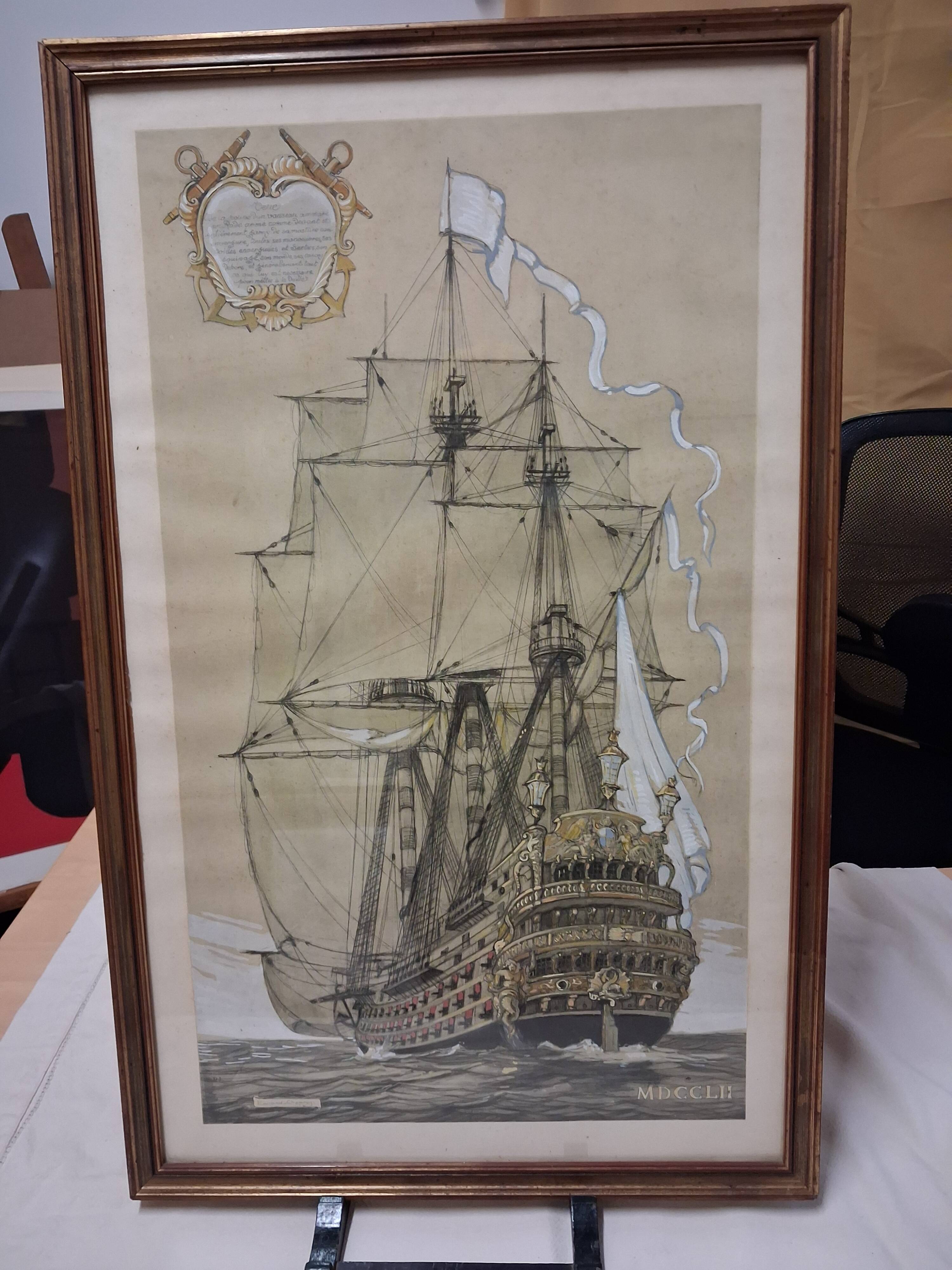 Drawing of an 18th-century ship, enhanced impression with gouache, Durand-Chapron.