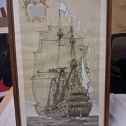 Drawing of an 18th-century ship, enhanced impression with gouache, Durand-Chapron.