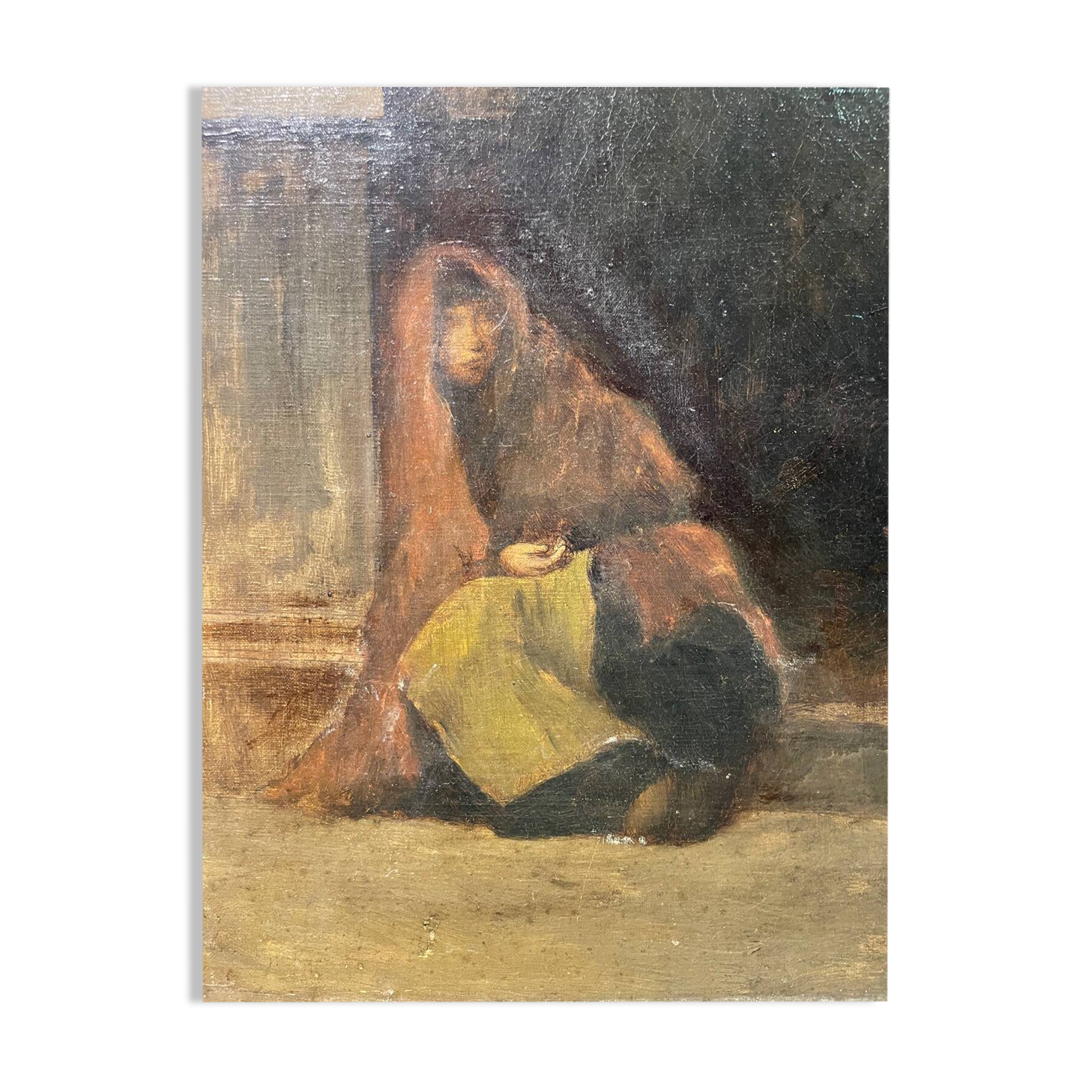 Old painting The beggar woman by G. De Saint Jean, 19th century