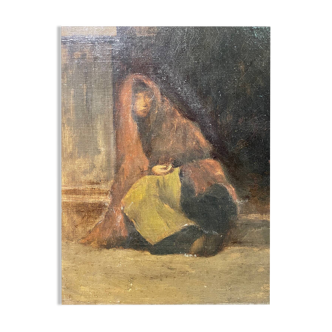 Old painting The beggar woman by G. De Saint Jean, 19th century