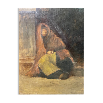 Old painting The beggar woman by G. De Saint Jean, 19th century