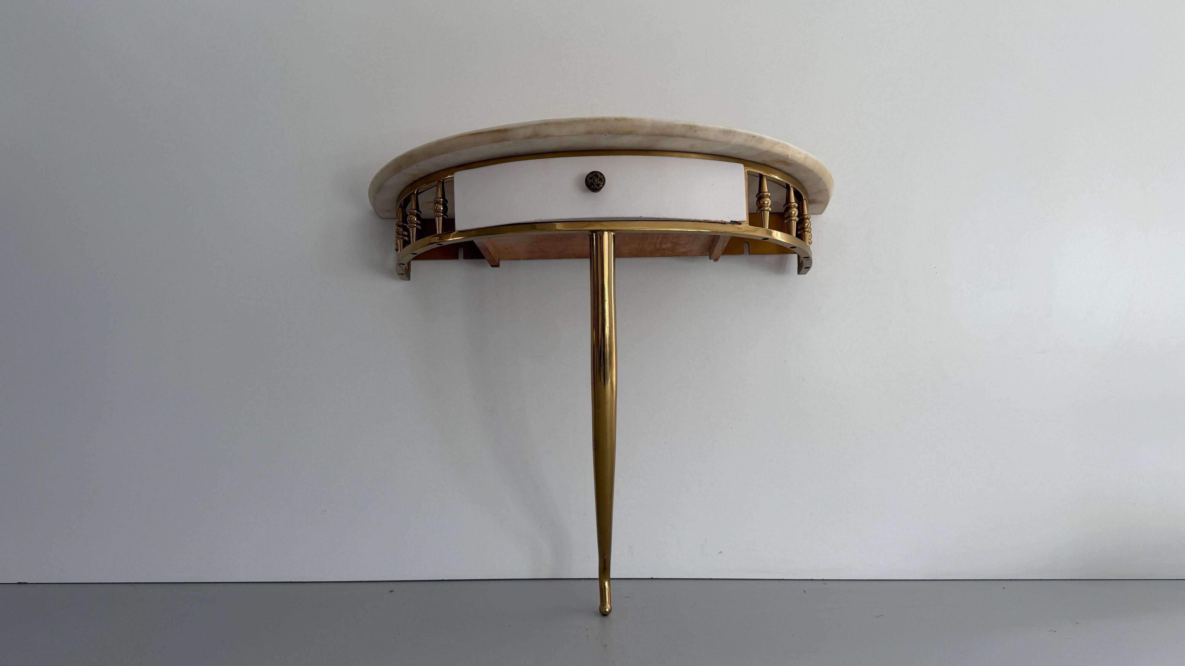 Floating wall console with drawer, brass body and marble top, 1960s, Italy