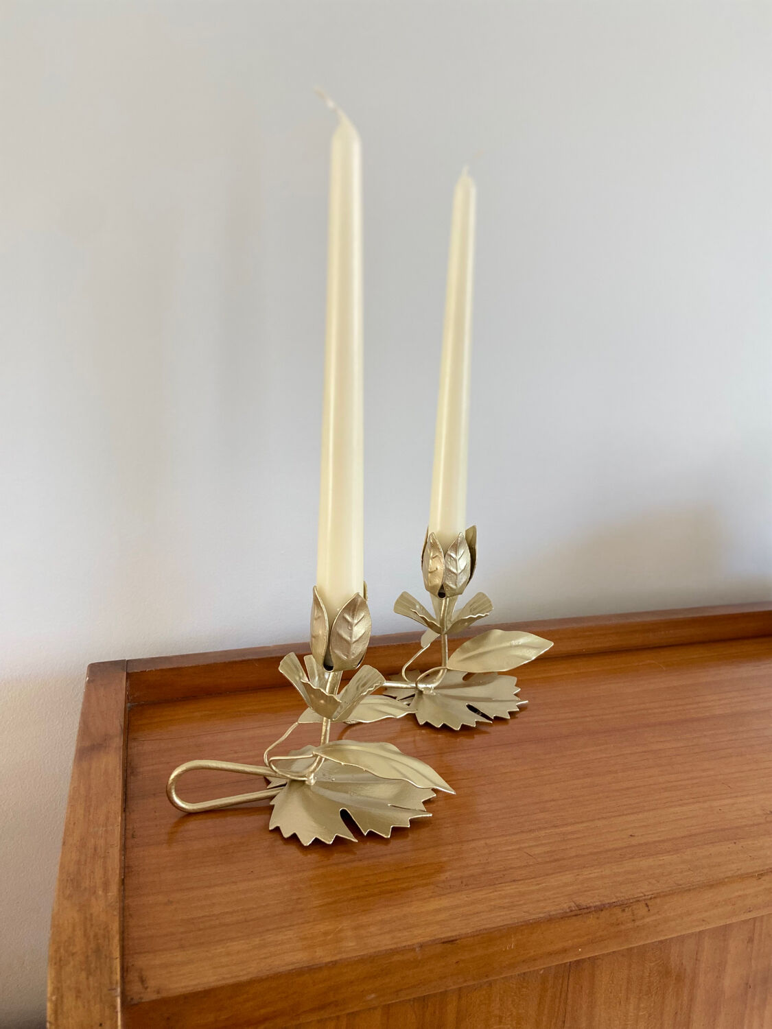 Pair of vintage flower candle holders in gold painted metal