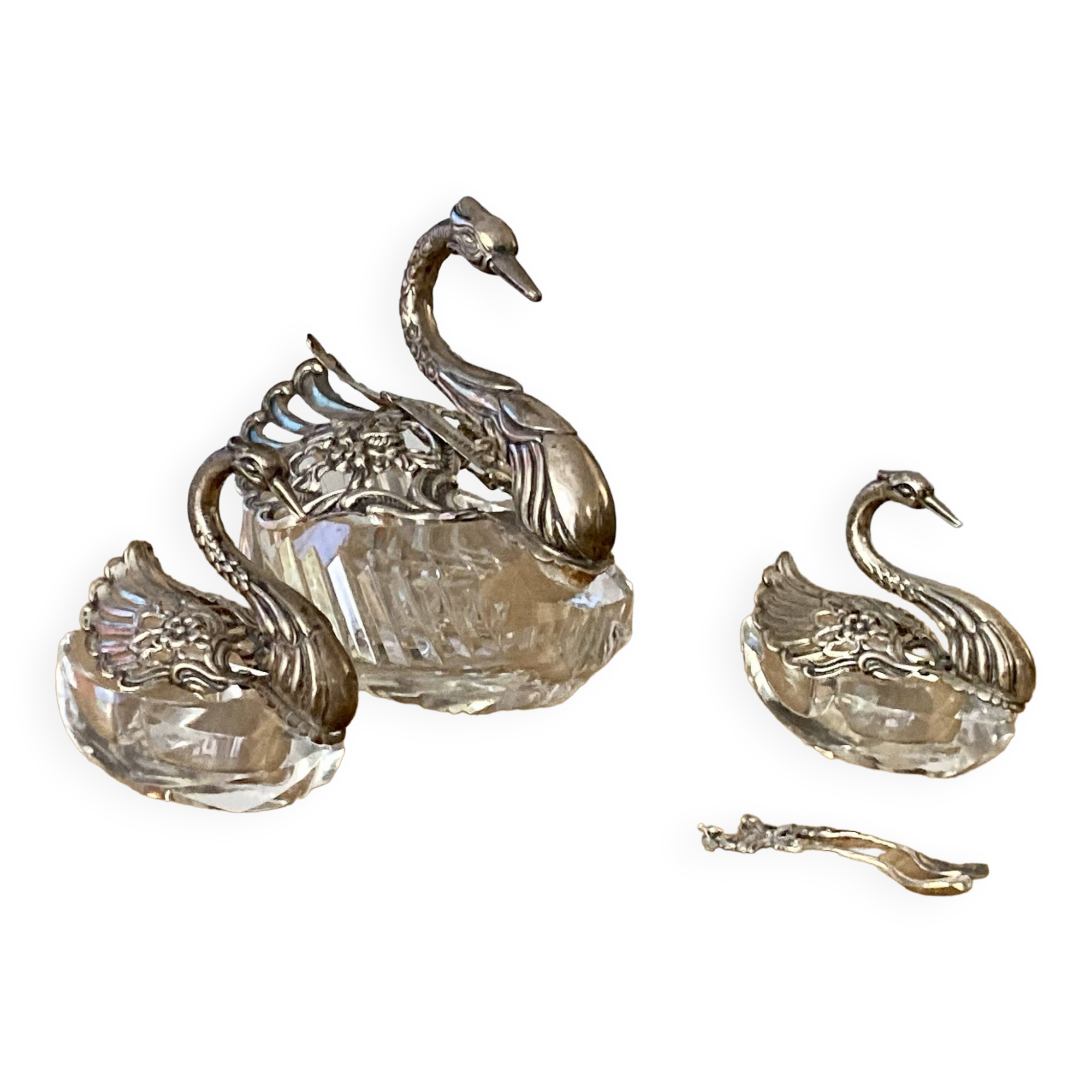 Crystal/silver metal set -pepper-salt-gravy boat – swan