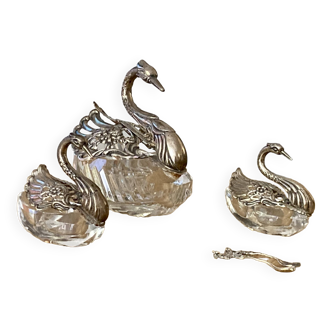 Ensemble cristal/ métal argenté -poivre-sel-saucière – cygne