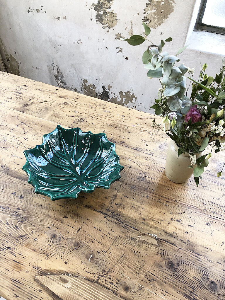 Vallauris green ceramic leaf dish