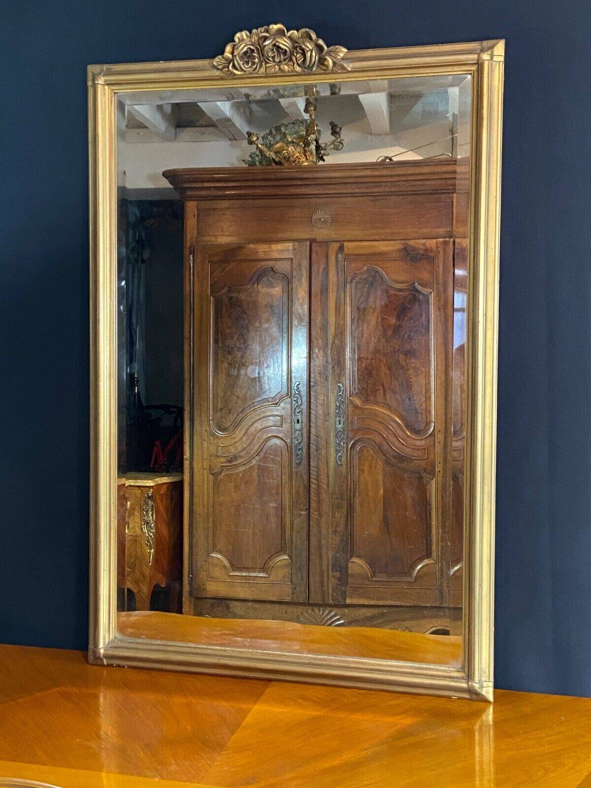 Beveled glass fireplace mirror, wood & gilded stucco, Louis XVI style floral decor