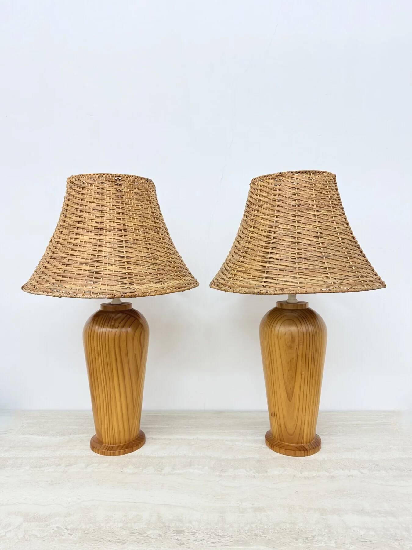 Vintage Ikea solid wooden table lamps with rattan shade, 1980s