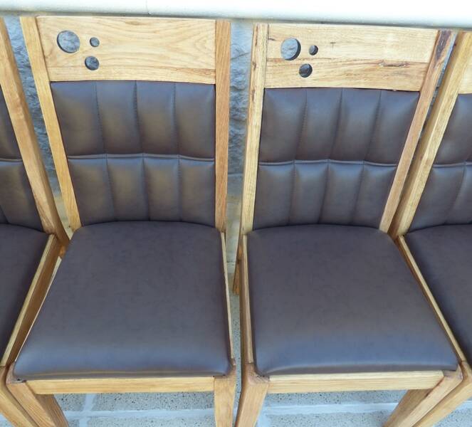 6 High-back chairs in high-quality, plush solid wood with brown faux leather