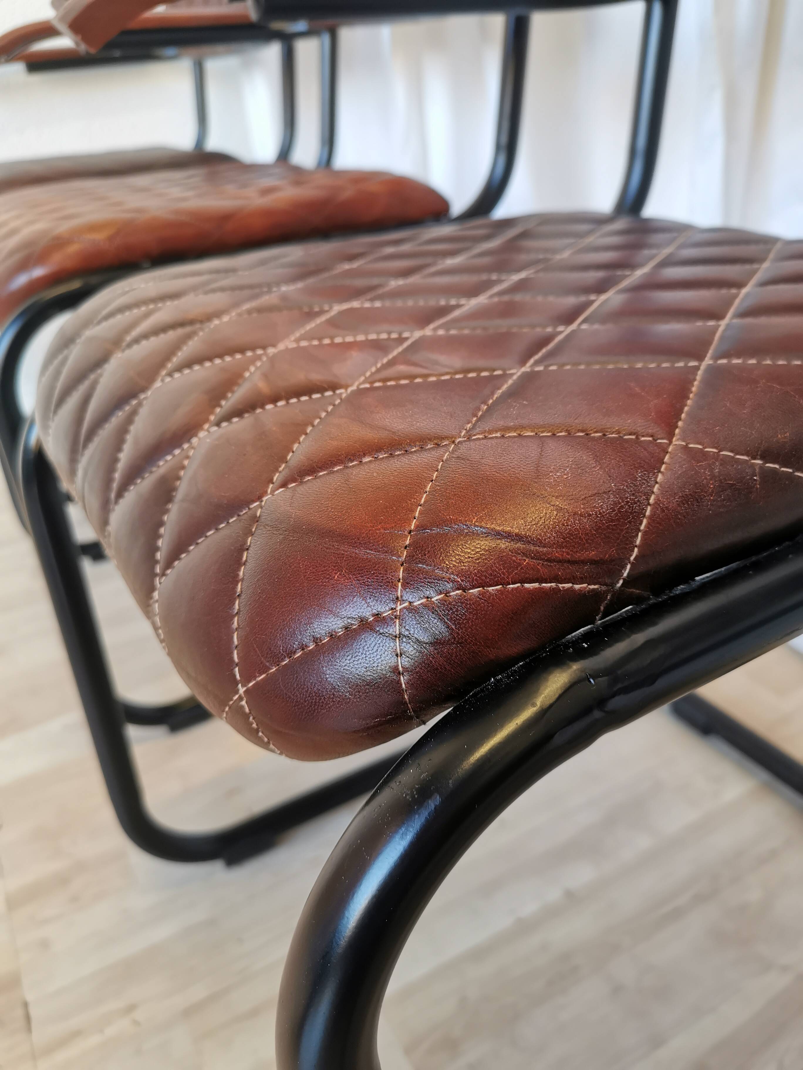 Set of 4 Vintage Quilted Leather Dining Chairs: Black Metal Base
