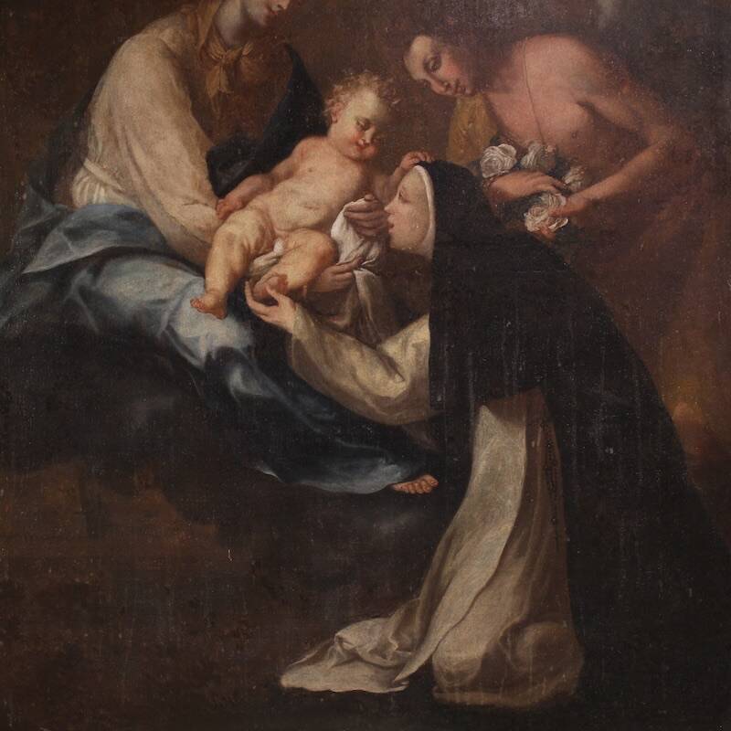 Peinture antique Adoration de Sainte Rose de Lima avec la Madone et l'Enfant