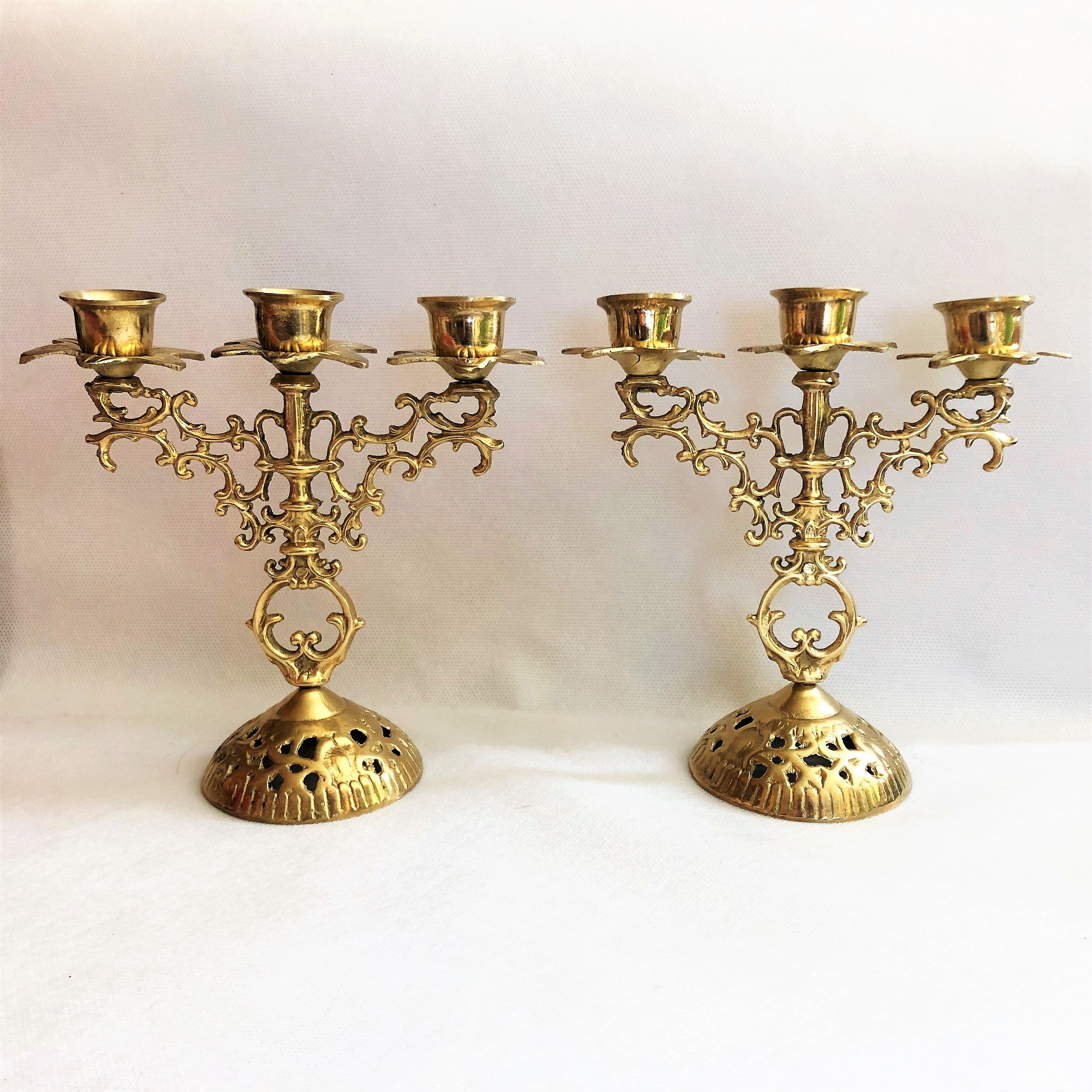 Pair of candlesticks 3 branches golden brass
