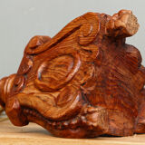 Carved wooden lamp, fiber shade