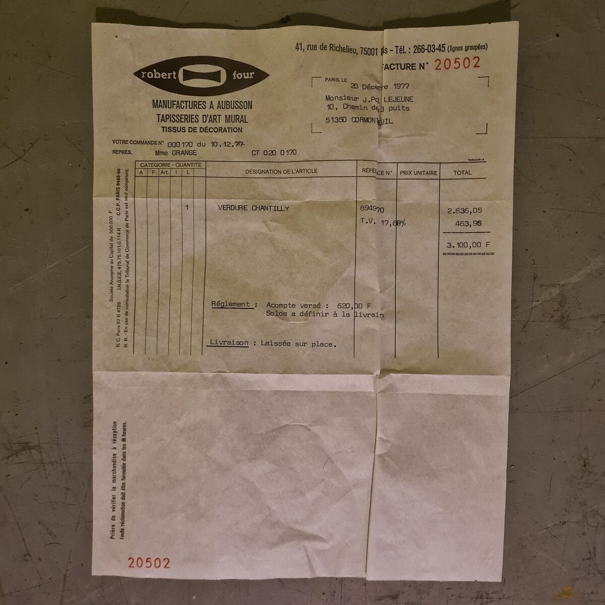 Vintage French Aubusson Tapestry from Robert Four dated 1977