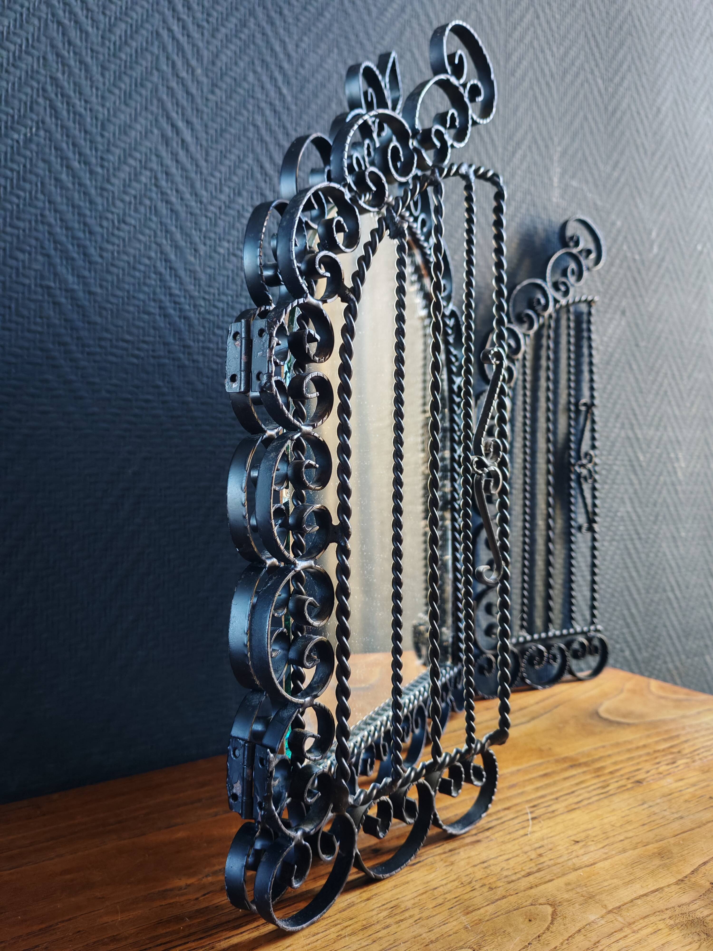 Vintage Black Wrought Iron Triptych Mirror