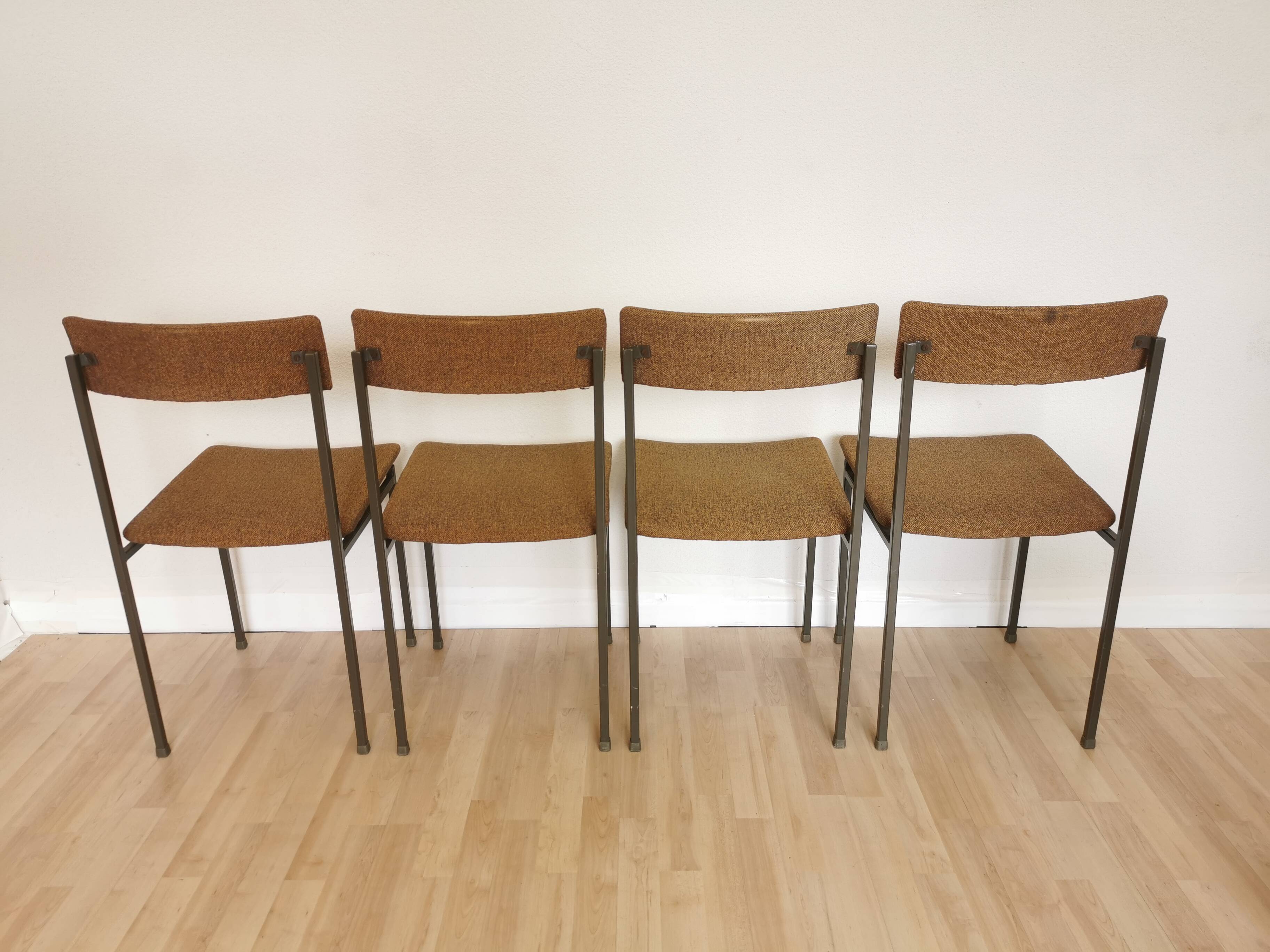 Set of 4 Vintage Industrial School Chairs: Brown Fabric, Black Metal Base