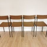 Set of 4 Vintage Industrial School Chairs: Brown Fabric, Black Metal Base