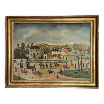 Tableau jean fous chasse à cour huile sur toile