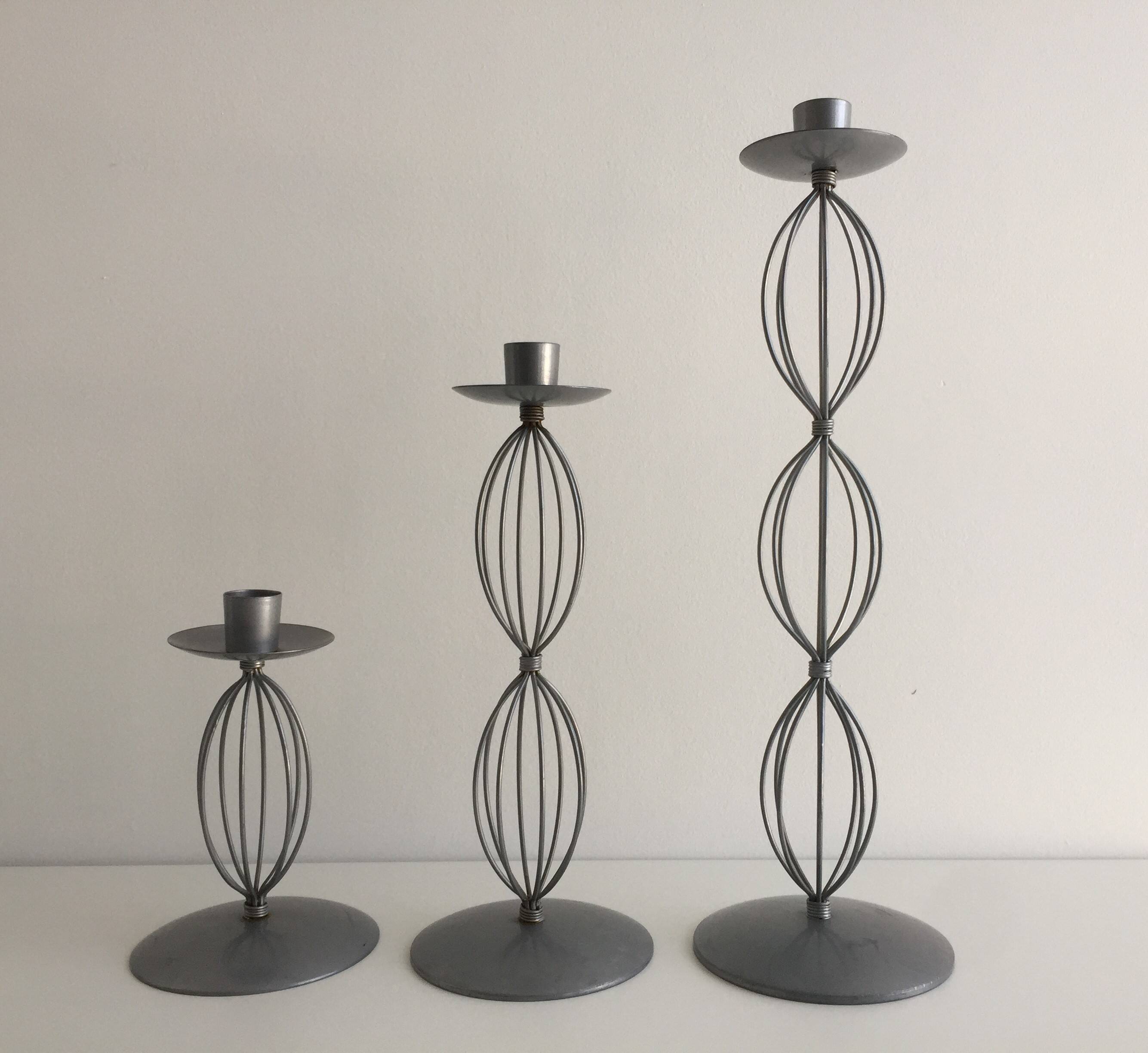 Trio of Candleholders Contemporary Candlesticks Design Metal Old Silver