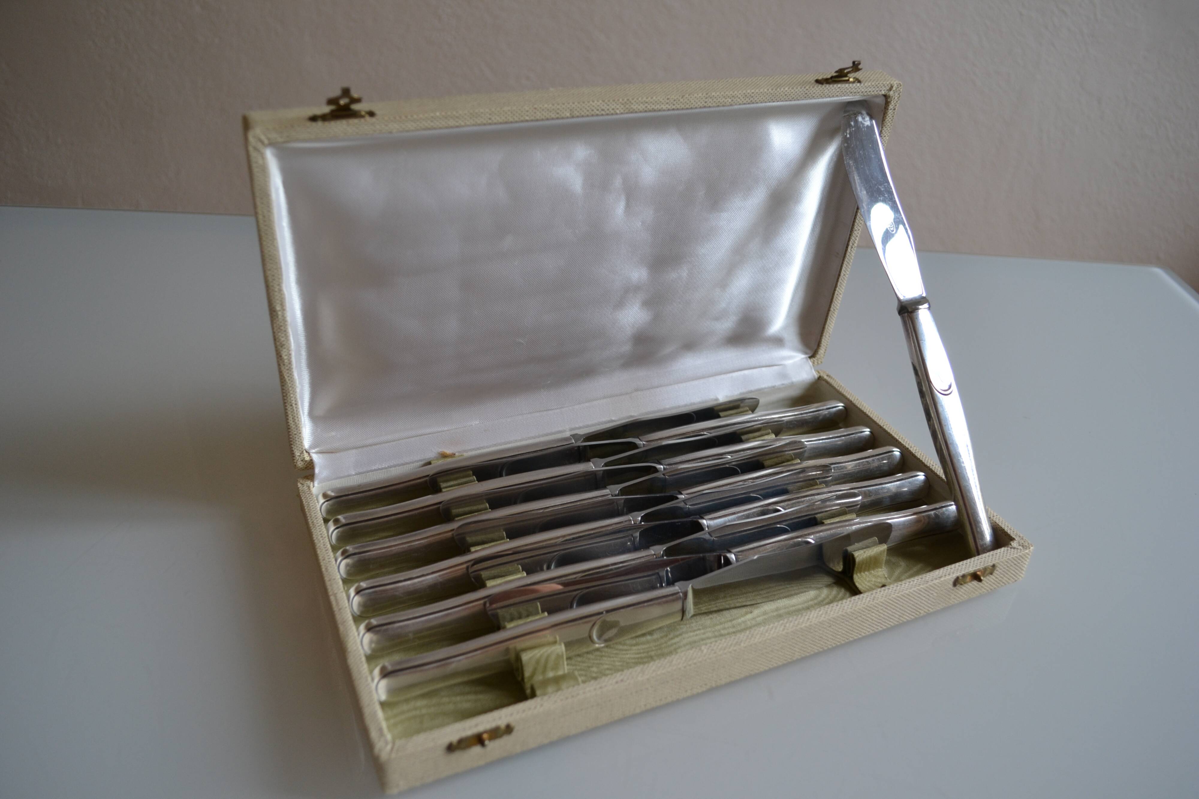 12 table knives silver metal handles & stainless steel blades 22 cm