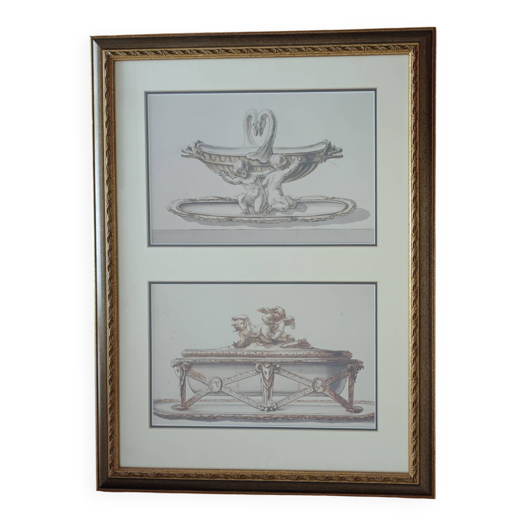 Framed Pencil and Watercolour Drawings, Decorative Art Inspiration, 19th Century