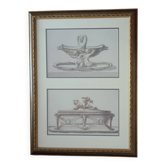 Framed Pencil and Watercolour Drawings, Decorative Art Inspiration, 19th Century