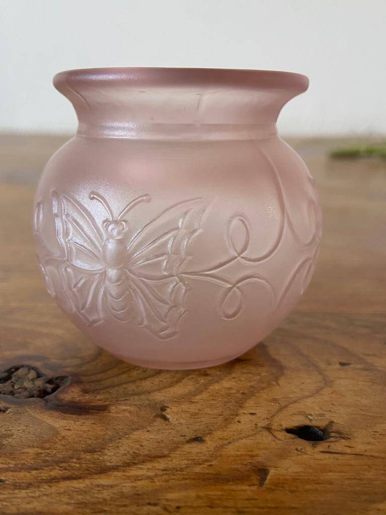 Small pink opaline vase with butterfly motif