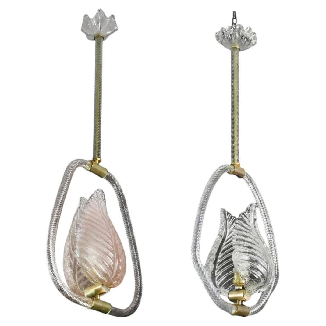 Set of 2 Pink and Transparent Murano Glass Chandelier by Barovier e Toso, 1950s