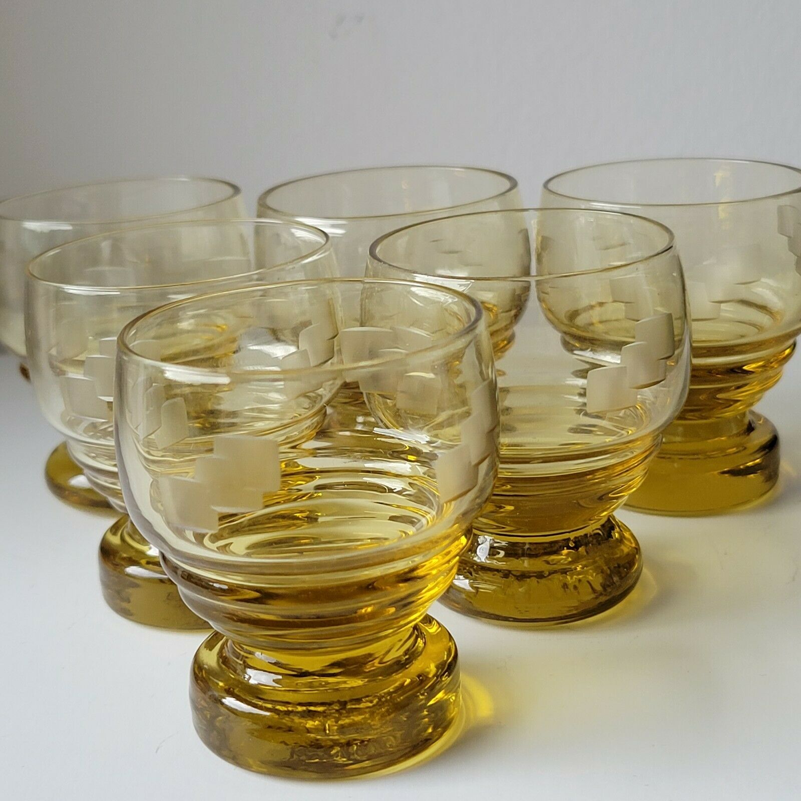 6 old art deco yellow cut glass liqueur glasses