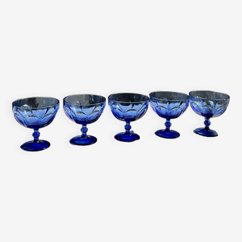 5 blue glass stemmed ice cream bowls