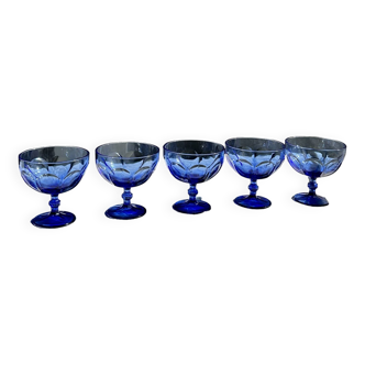 5 blue glass stemmed ice cream bowls