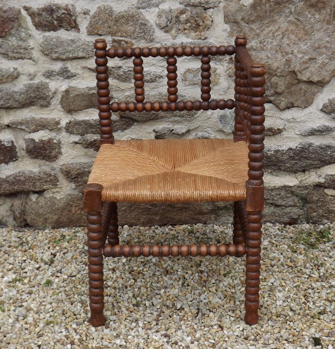 French antique turned wooden bobbin chair with rush seat 4156