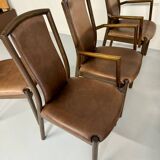 Set of 8 wooden and thick leather armchairs, Girsberger design, 80s