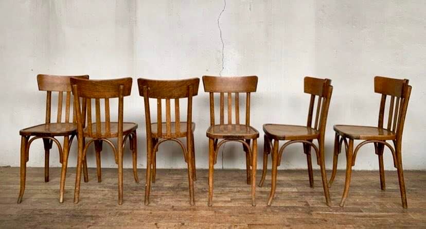 Series of 6 old light wood bistro chairs