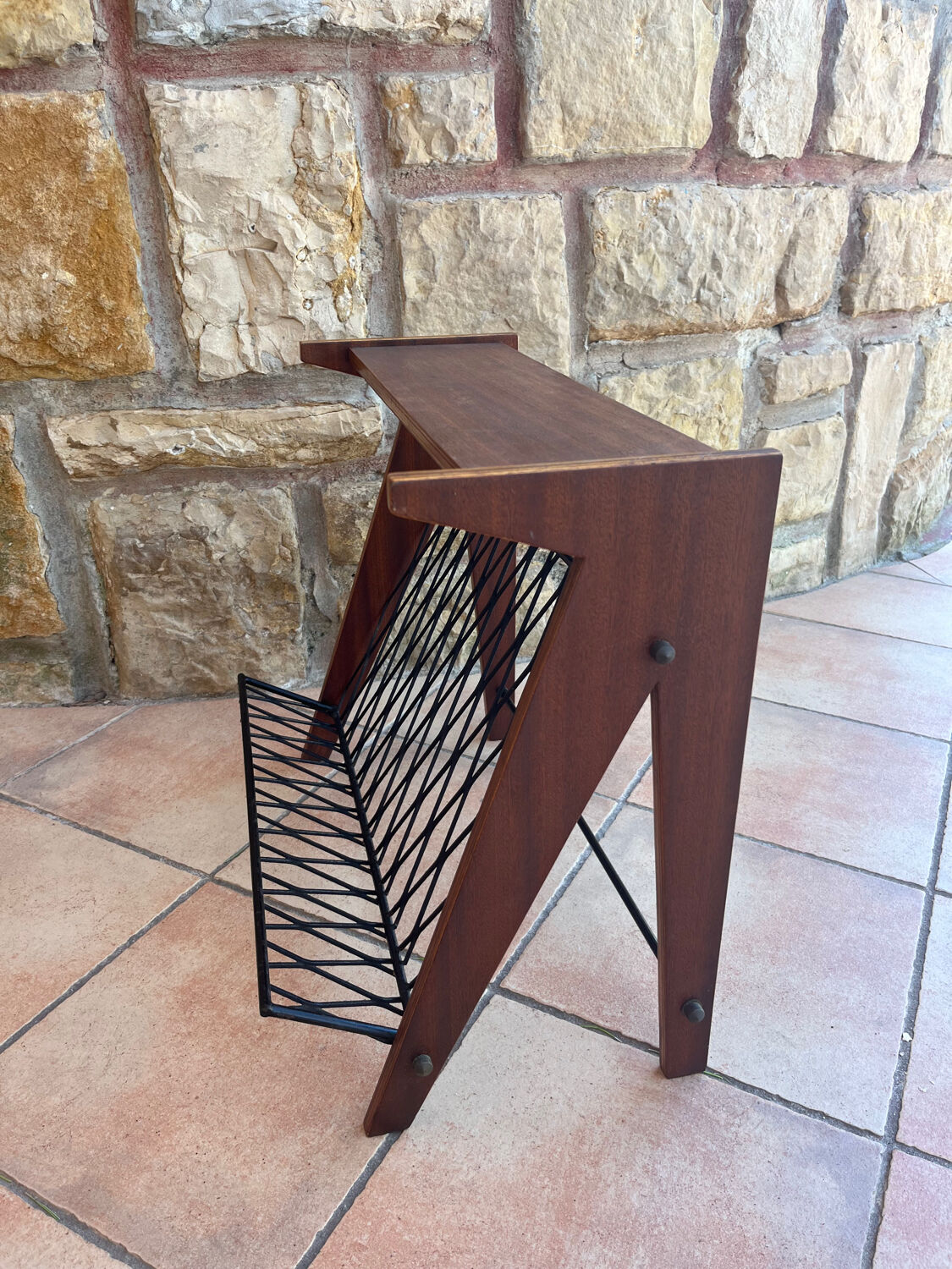 Scandinavian wood and steel magazine rack from the 60s