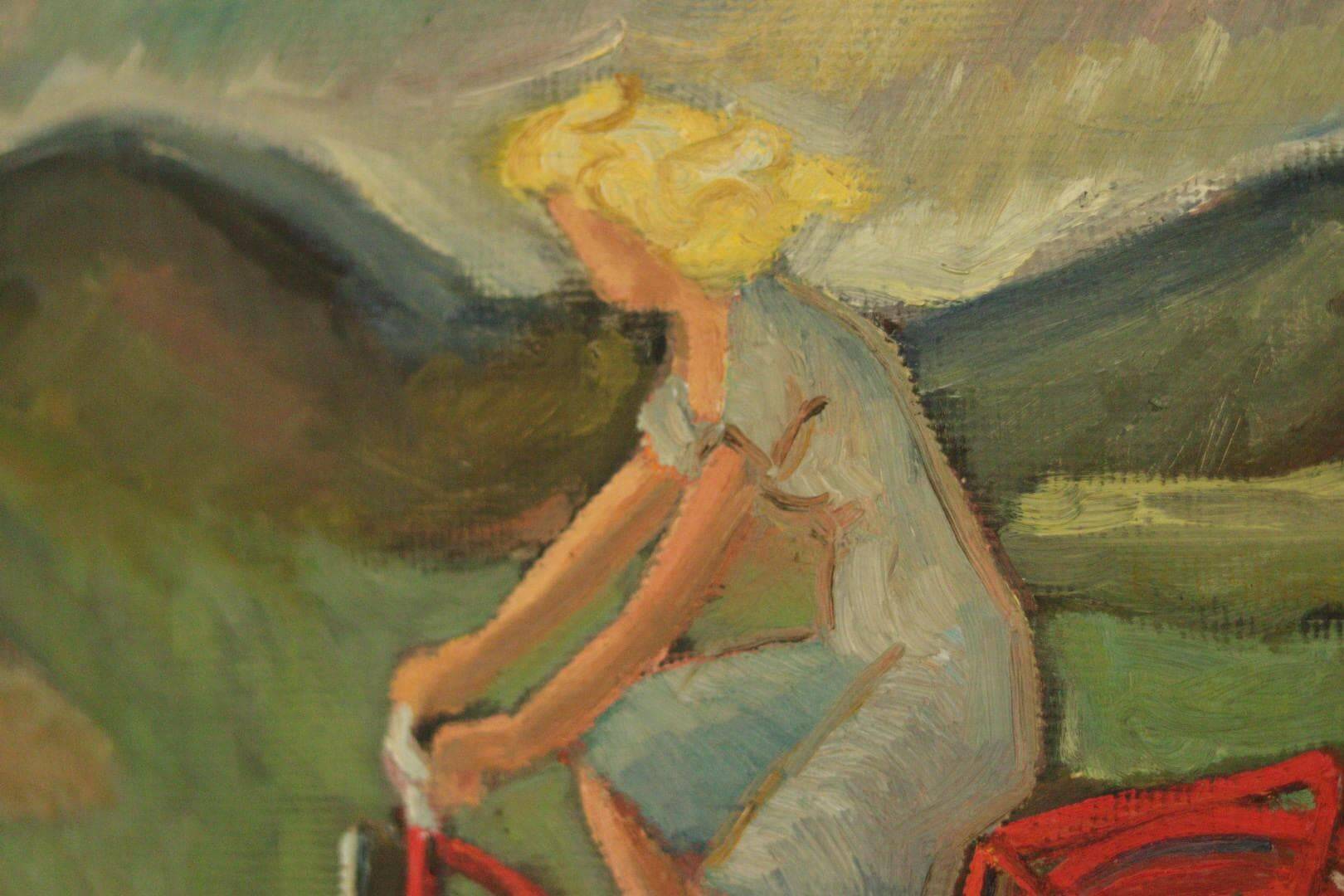 Huile sur panneau suédoise « Femme à vélo » de Tornquist