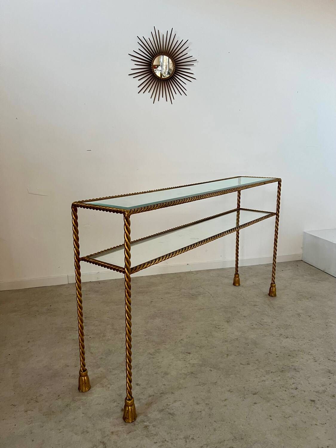 Antique console table in twisted gilded brass and glass Italian design from the 60s vintage table