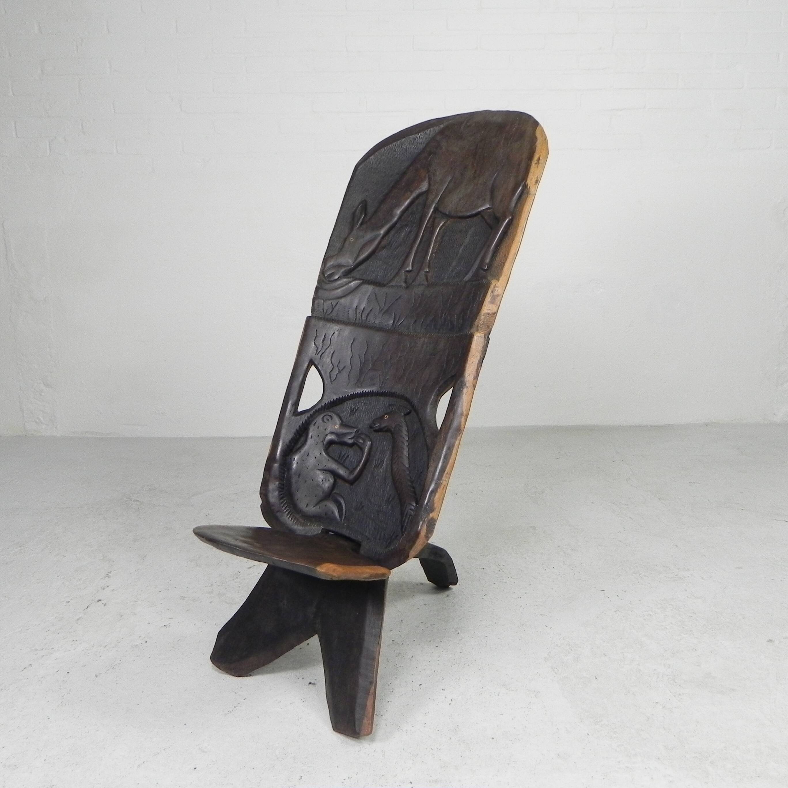 Solid ebony Makonde Palaver chair, 1970s