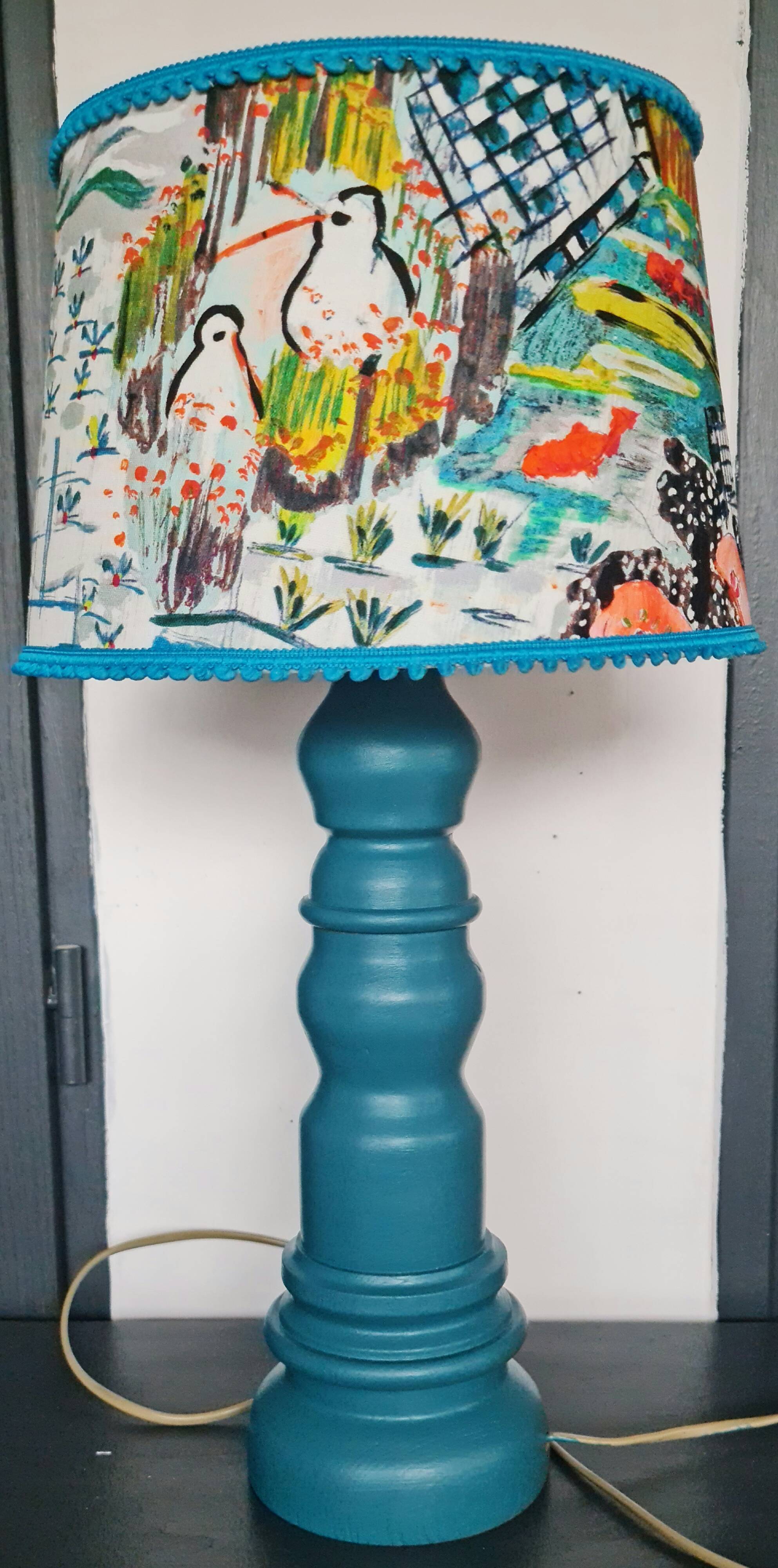Foot table lamp made by cabinetmaker wood color blue duck abbat day fabrics creator