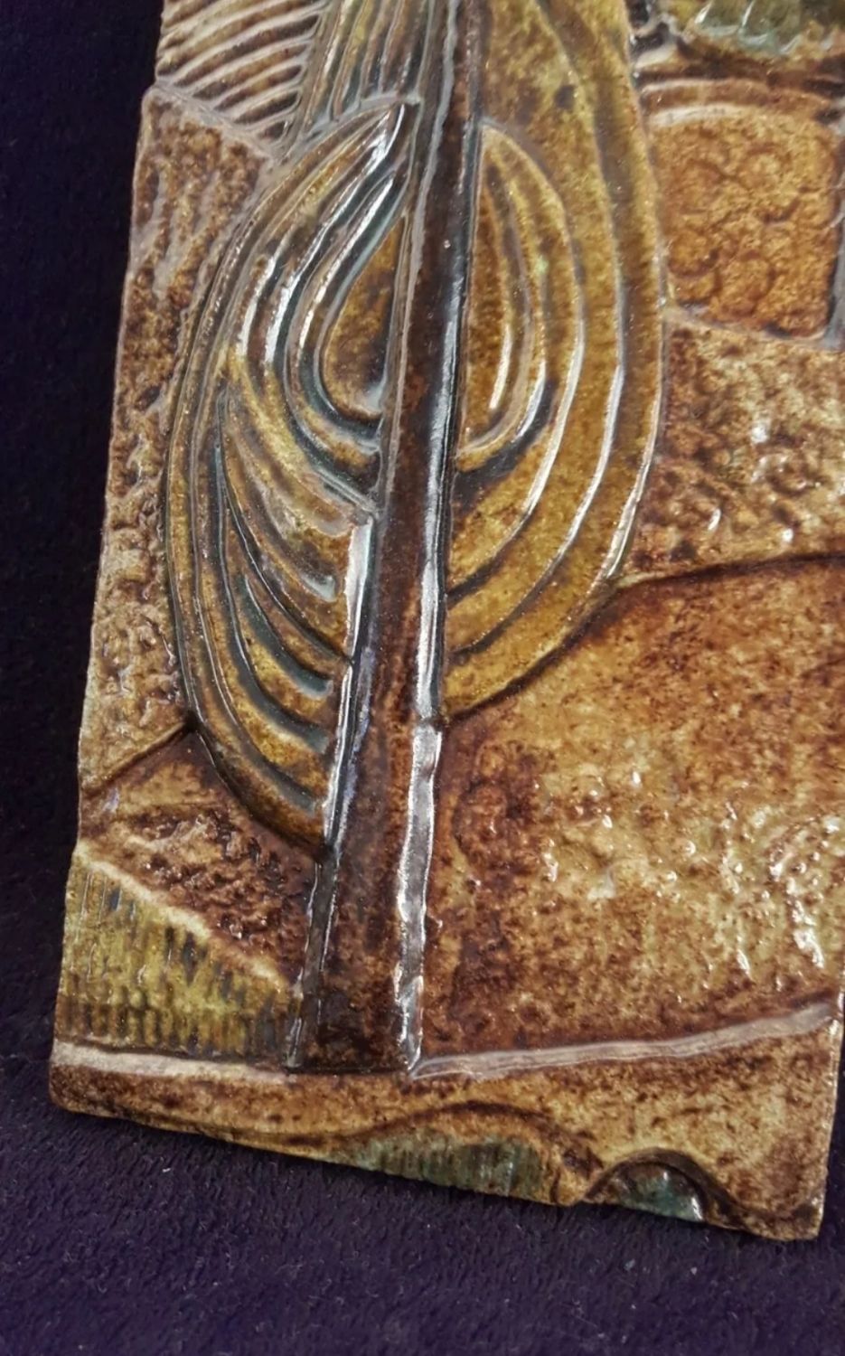Old terracotta plate painted enamelled Signed relief decoration Provence 58x12cm