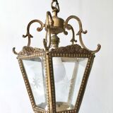 Hanging brass lantern and engraved glass