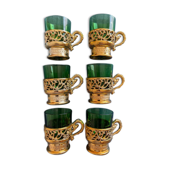 6 tea/coffee glasses with golden Moroccan style support